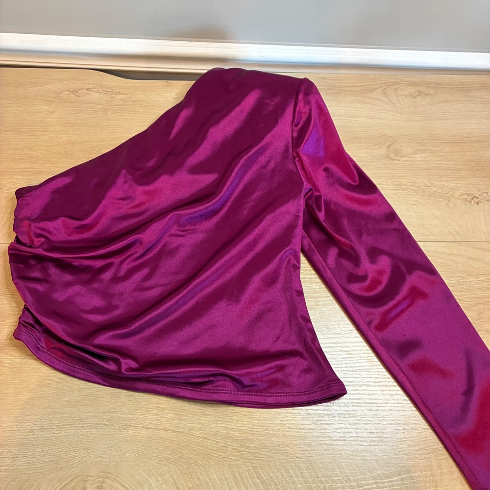 Express Magenta Pink Satin One Shoulder Ruched Long Sleeve Top Medium
